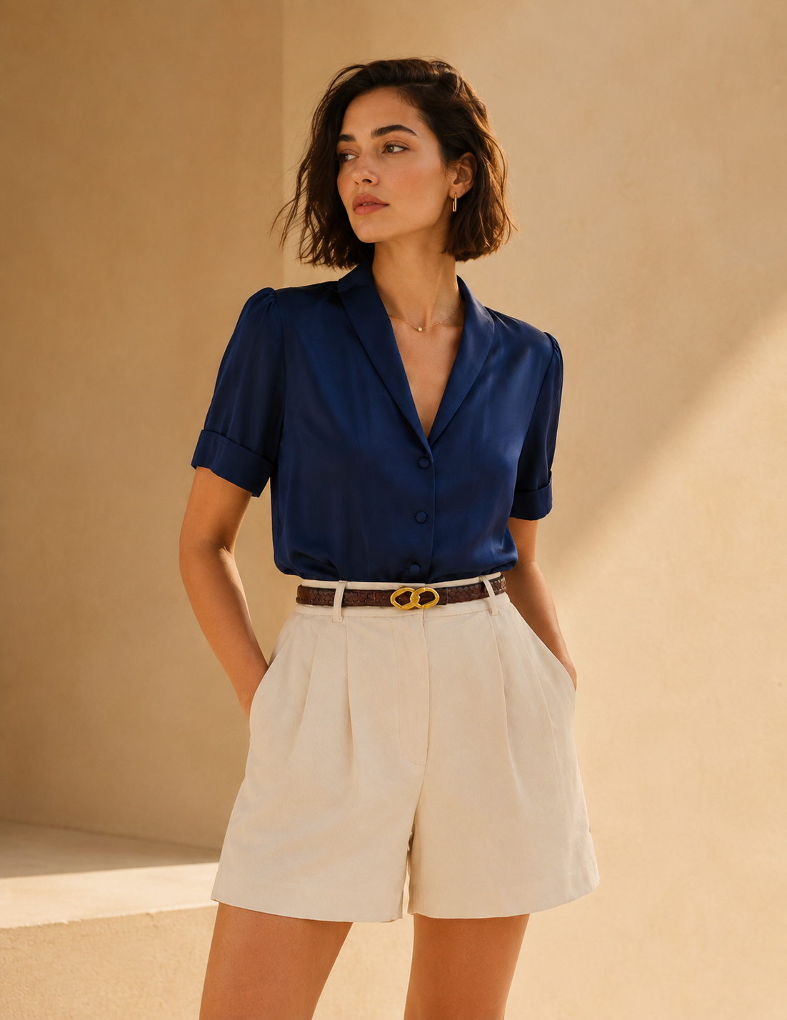 Blusa de satén azul marino con botones