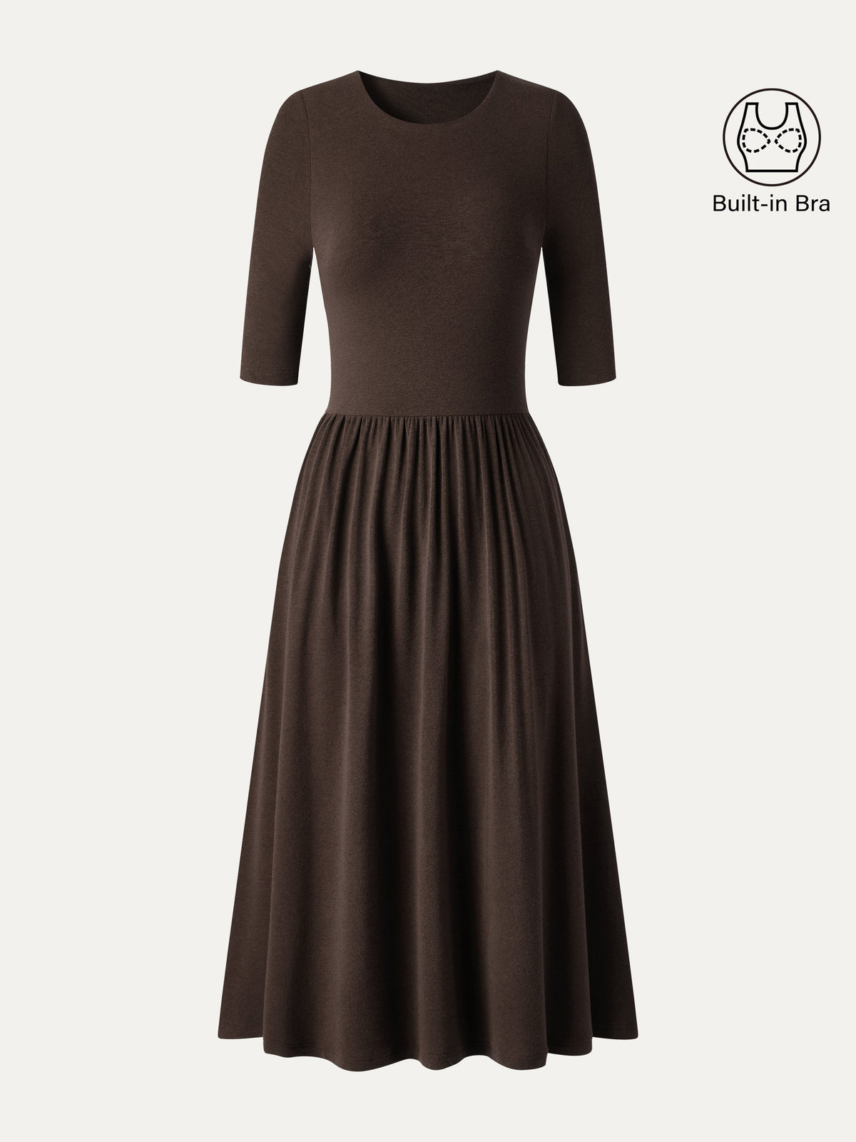 Vestido brami midi evasé de cuello redondo con mangas a los codos y bolsillos