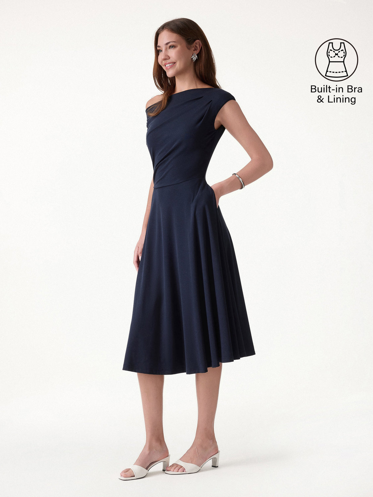 Vestido brami midi de hombro asimétrico con bolsillos