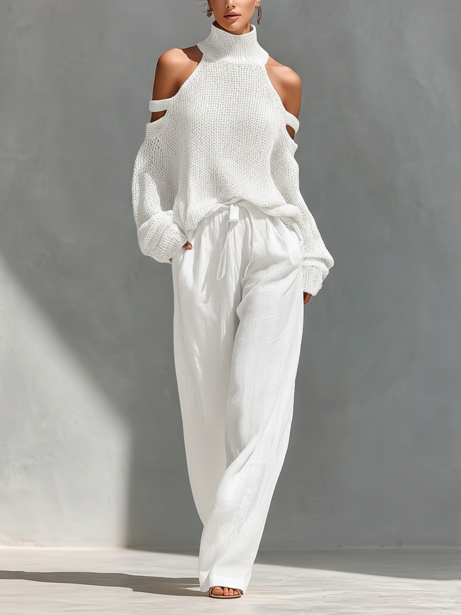Pantalón ancho beige de lino con bolsillos