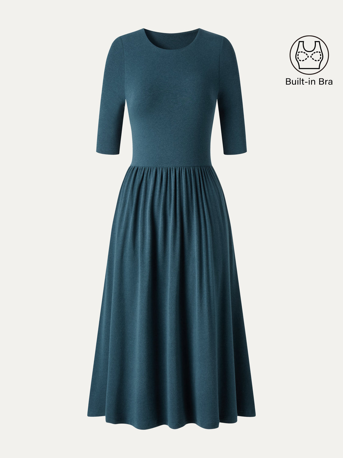 Vestido brami midi evasé de cuello redondo con mangas a los codos y bolsillos
