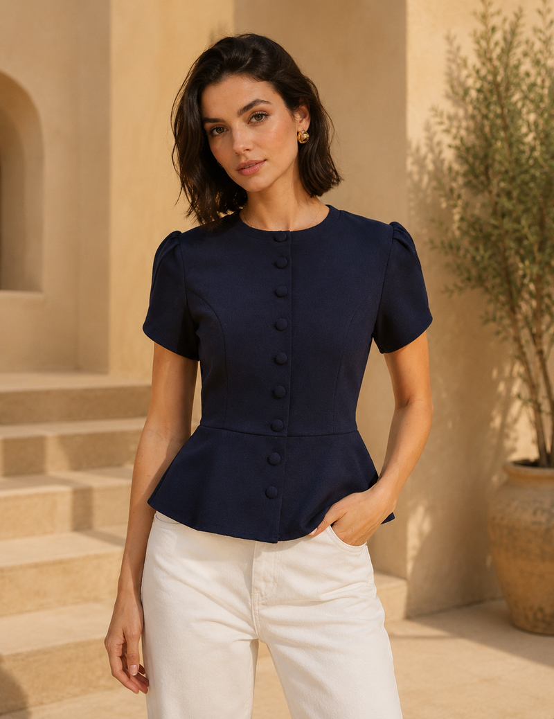 Blusa azul marino de cuello redondo con manga tipo pétalo