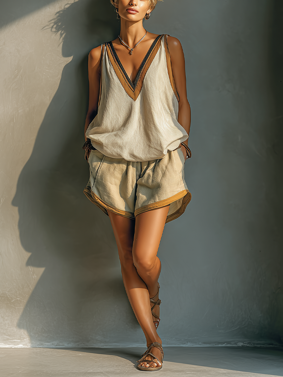 Short de lino caqui con ribete contraste