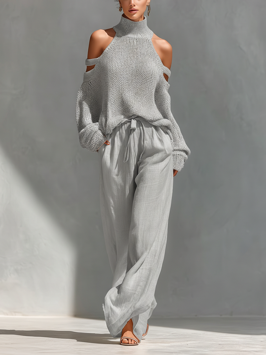 Pantalón ancho beige de lino con bolsillos