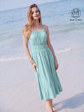 Vestido brami midi de cuello en U fruncido con tirantes finos y bolsillos
