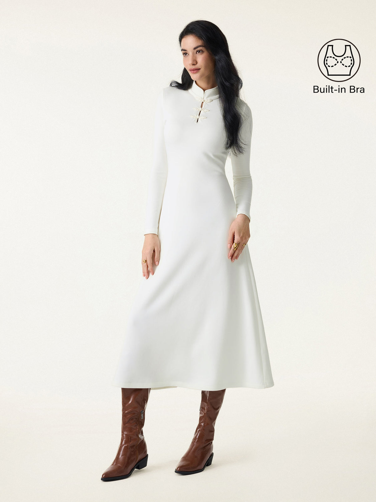 Vestido brami midi de cuello mao con botones de bola, edición limitada