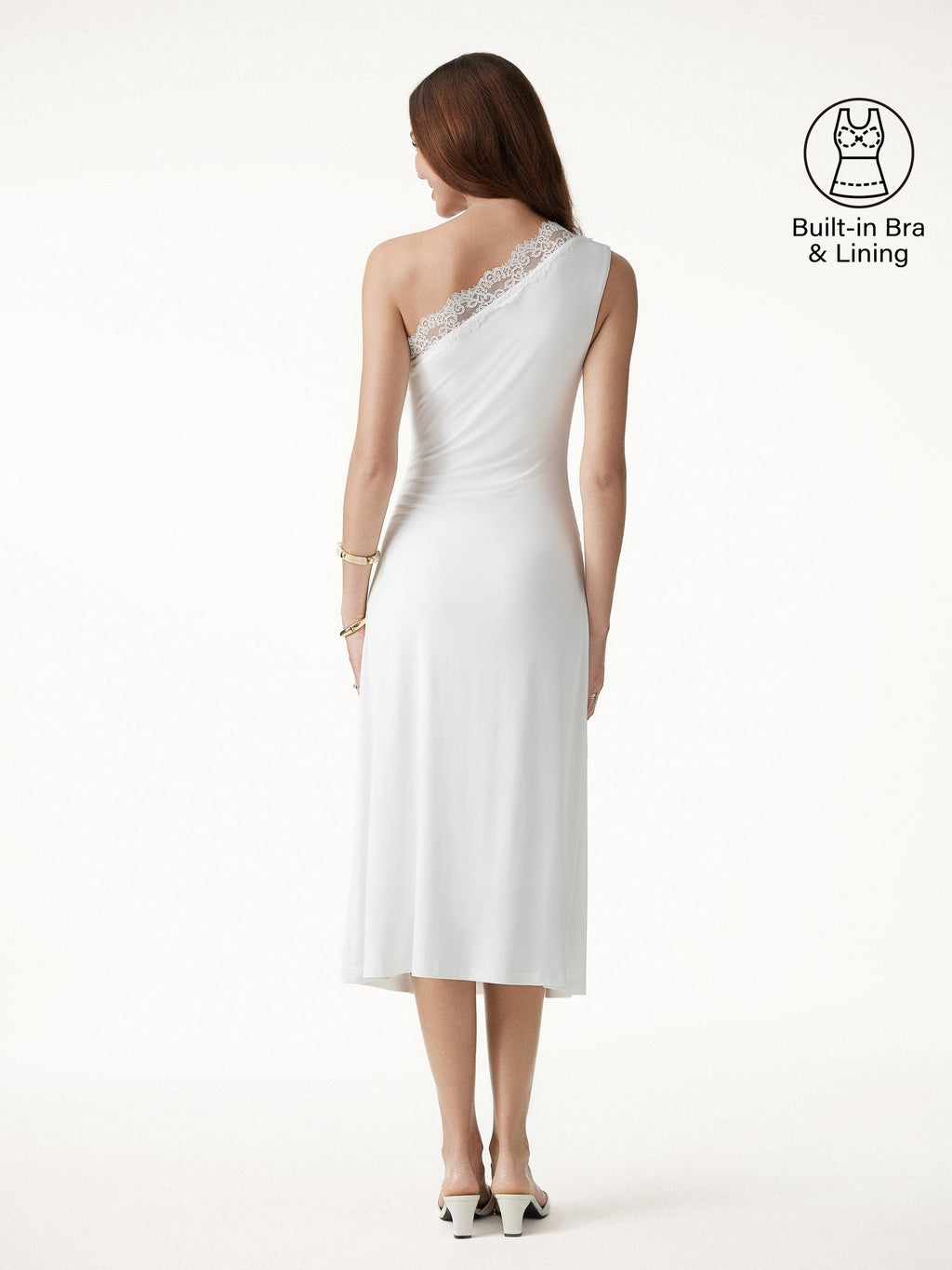 Vestido brami midi de un hombro con fruncido y ribete de encaje