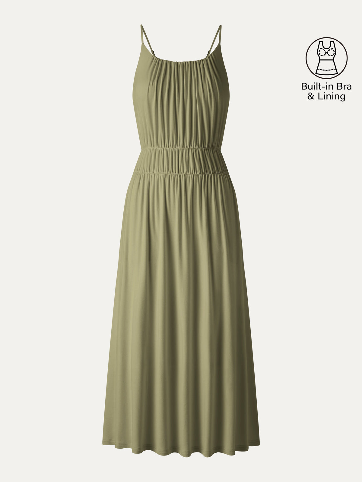 Vestido brami midi de cuello en U fruncido con tirantes finos y bolsillos