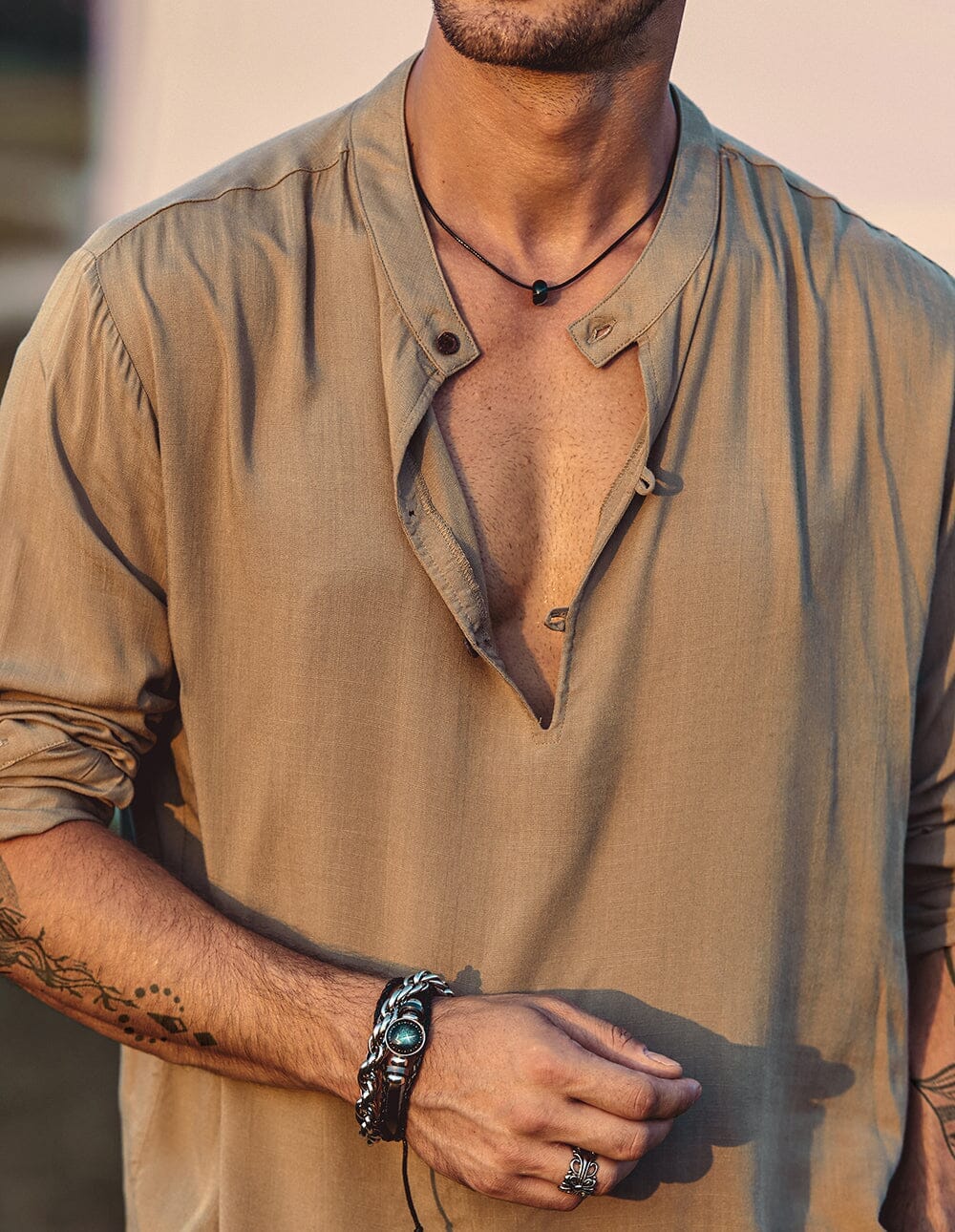 Camisa henley de lino de manga larga