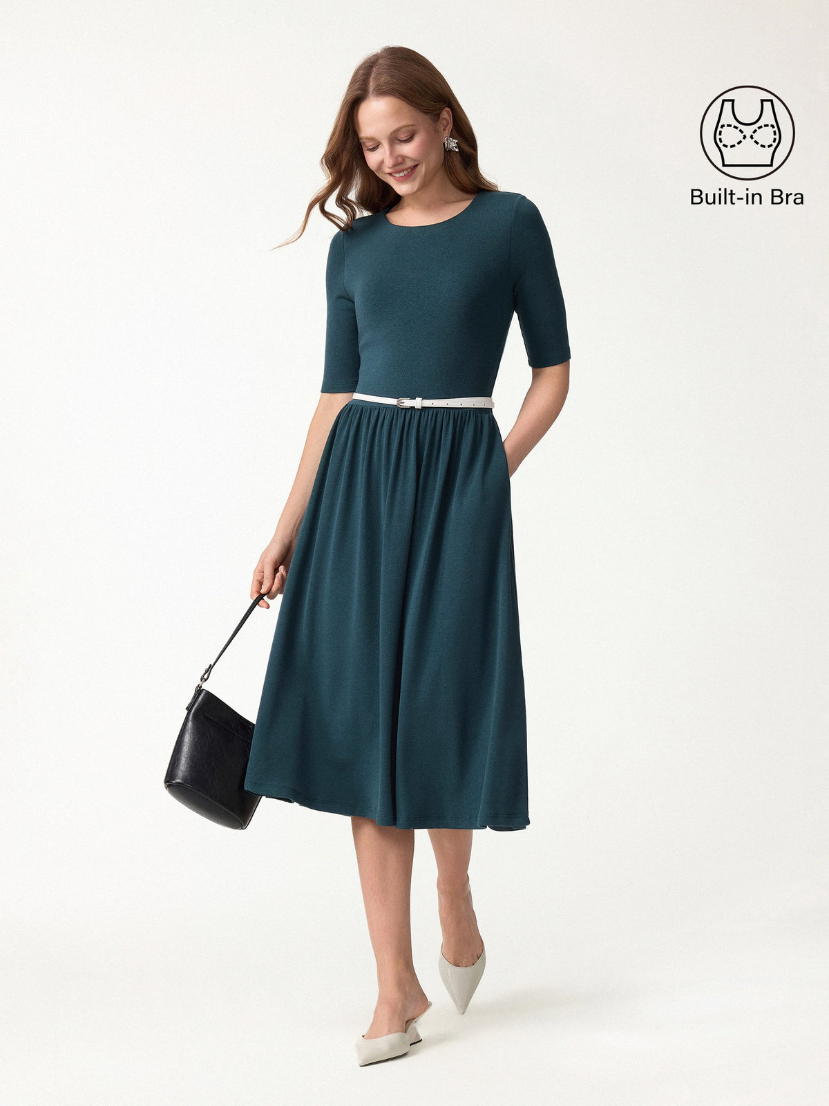 Vestido brami midi evasé de cuello redondo con mangas a los codos y bolsillos