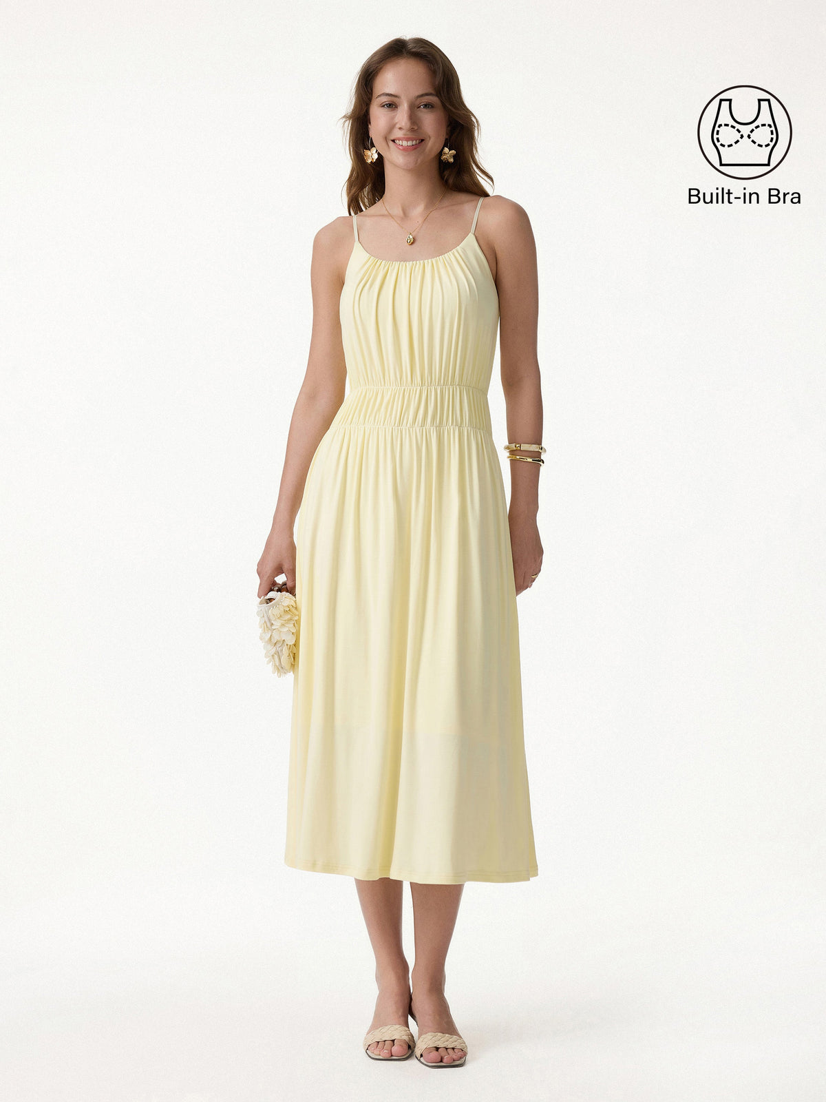 Vestido midi brami de tirantes finos y cuello en U fruncido