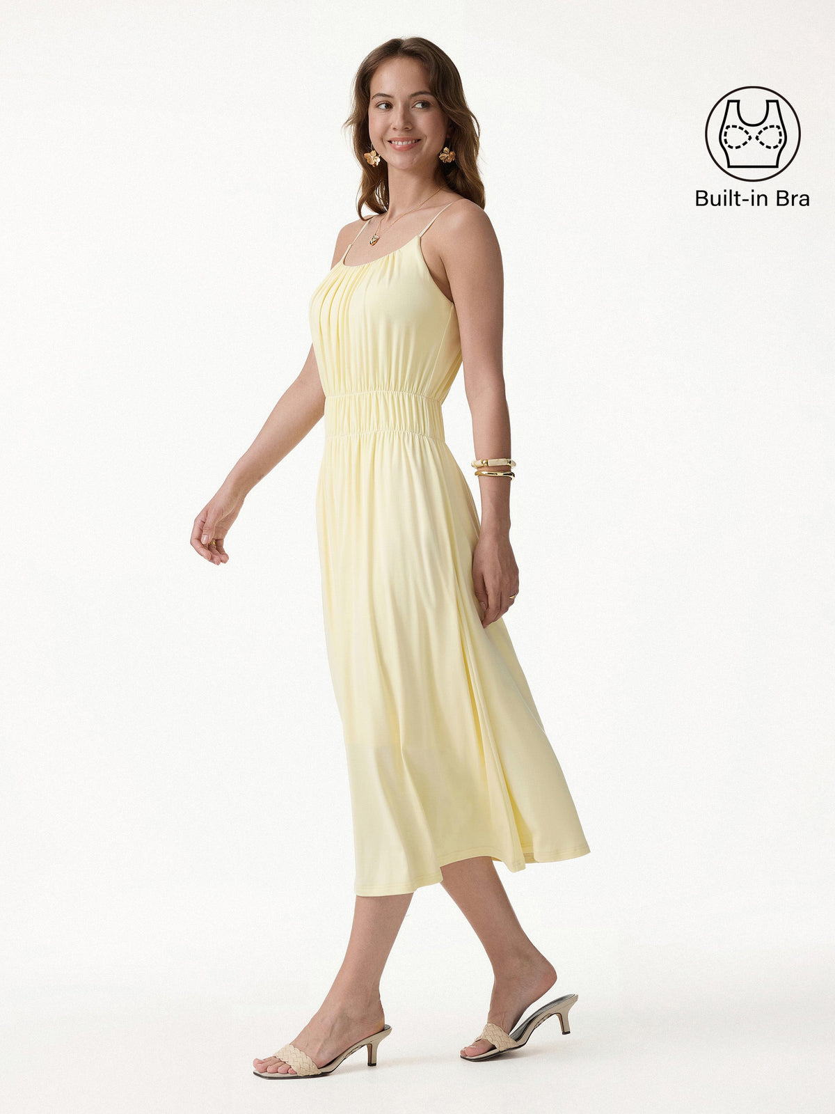 Vestido midi brami de tirantes finos y cuello en U fruncido