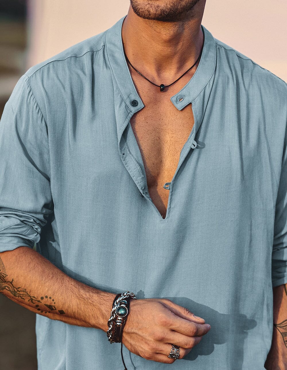 Camisa henley de lino de manga larga