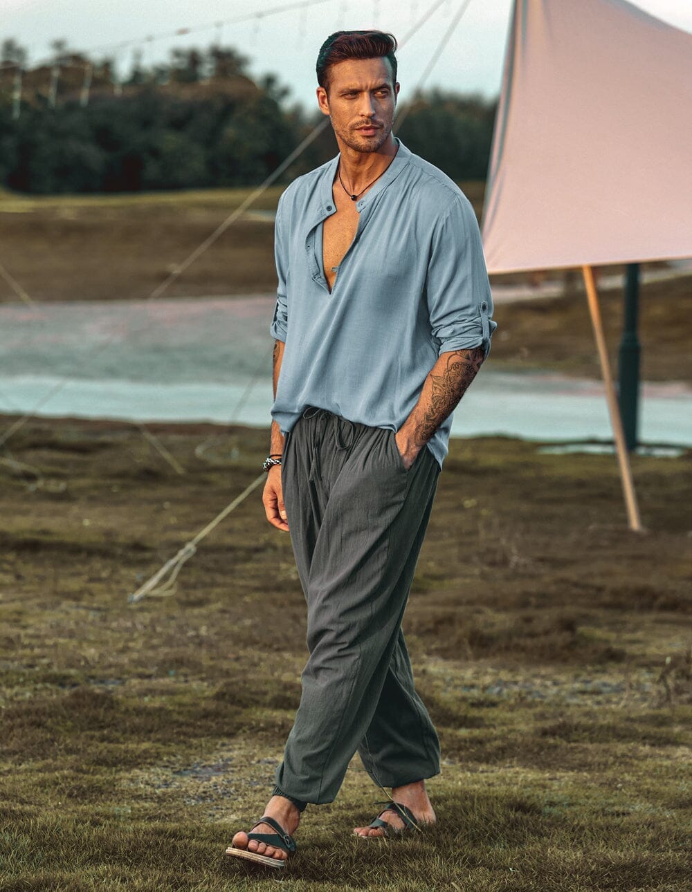 Camisa henley de lino de manga larga
