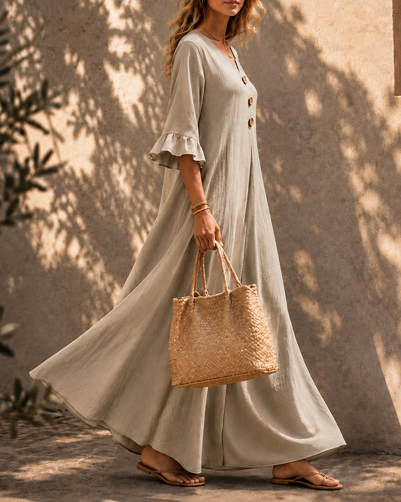 Vestido largo holgado de algodón y lino con botones