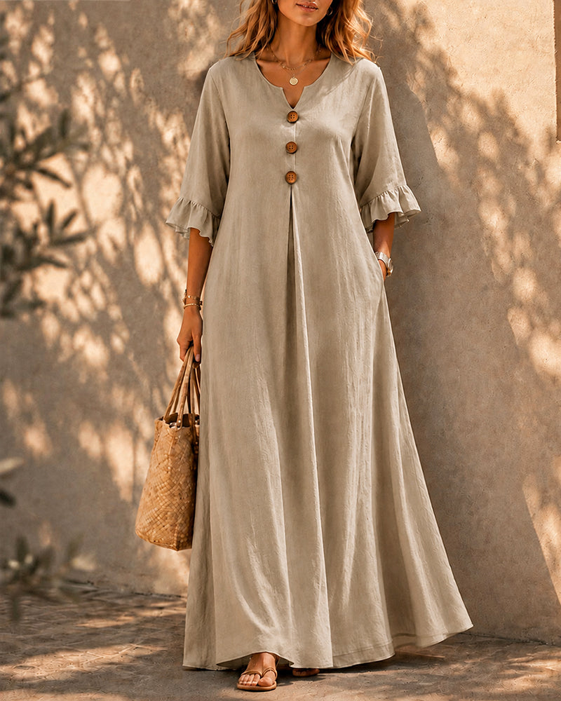 Vestido largo holgado de algodón y lino con botones