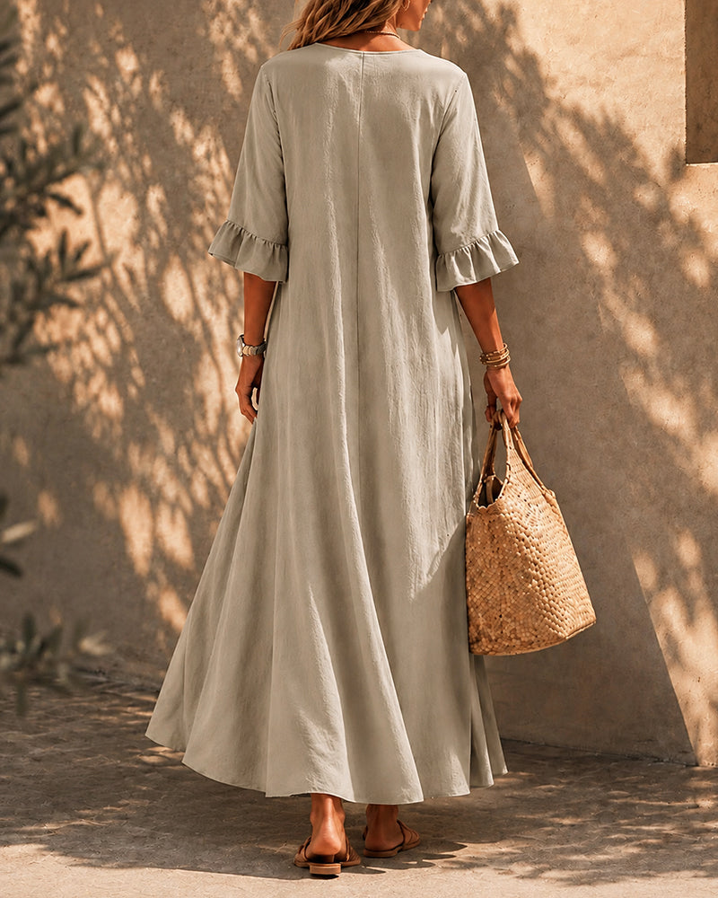 Vestido largo holgado de algodón y lino con botones