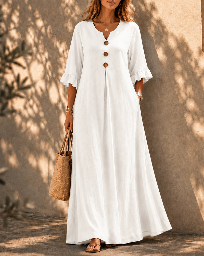 Vestido largo holgado de algodón y lino con botones