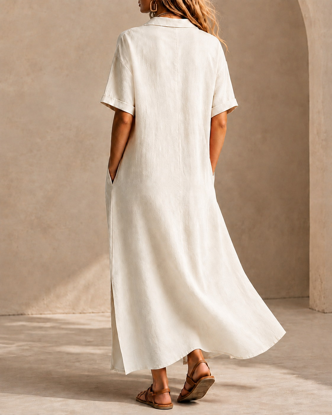 Vestido largo holgado de algodón y lino con manga corta