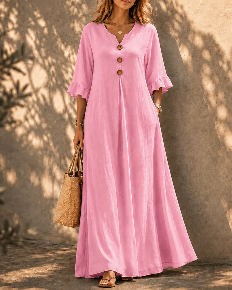 Vestido largo holgado de algodón y lino con botones