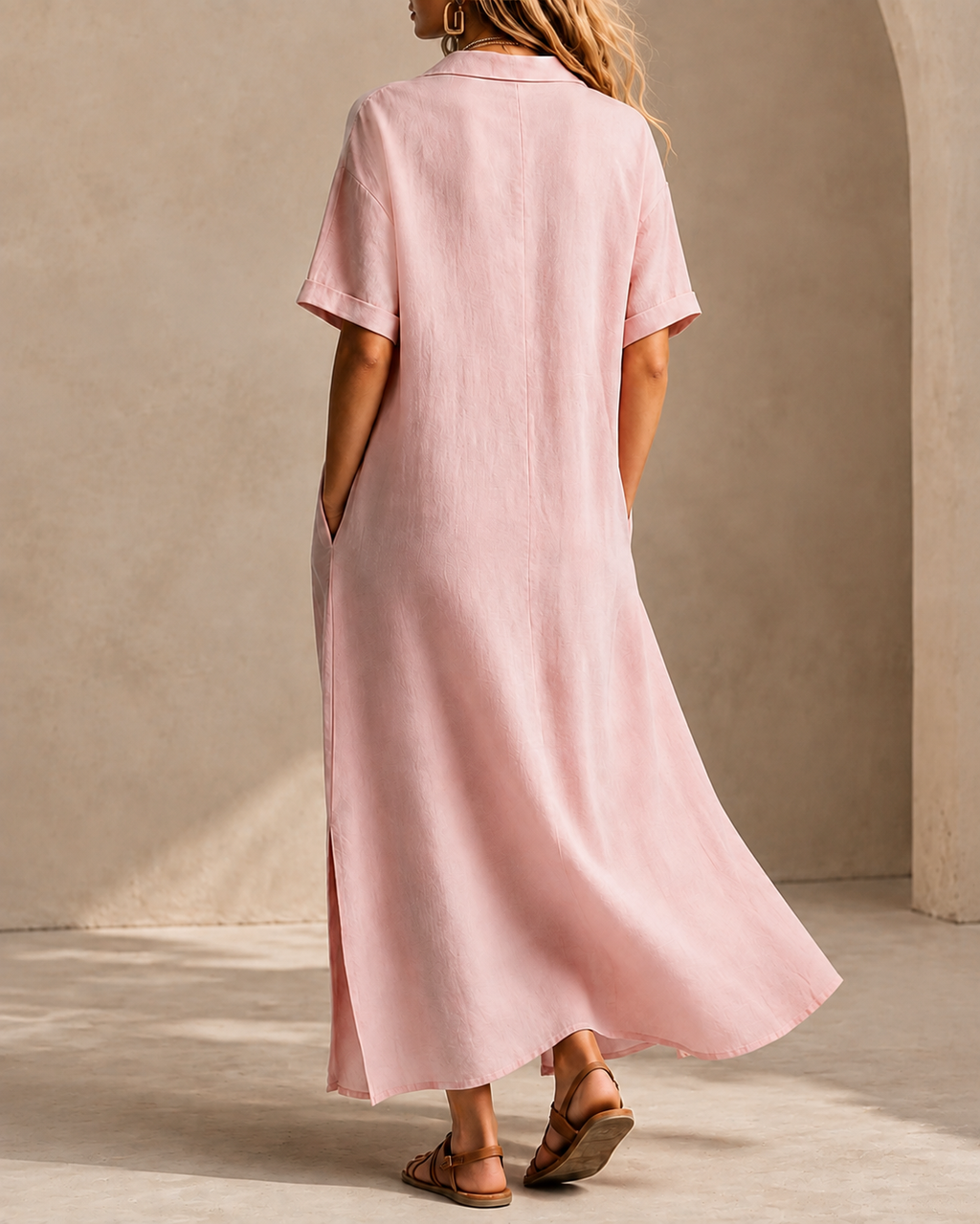 Vestido largo holgado de algodón y lino con manga corta