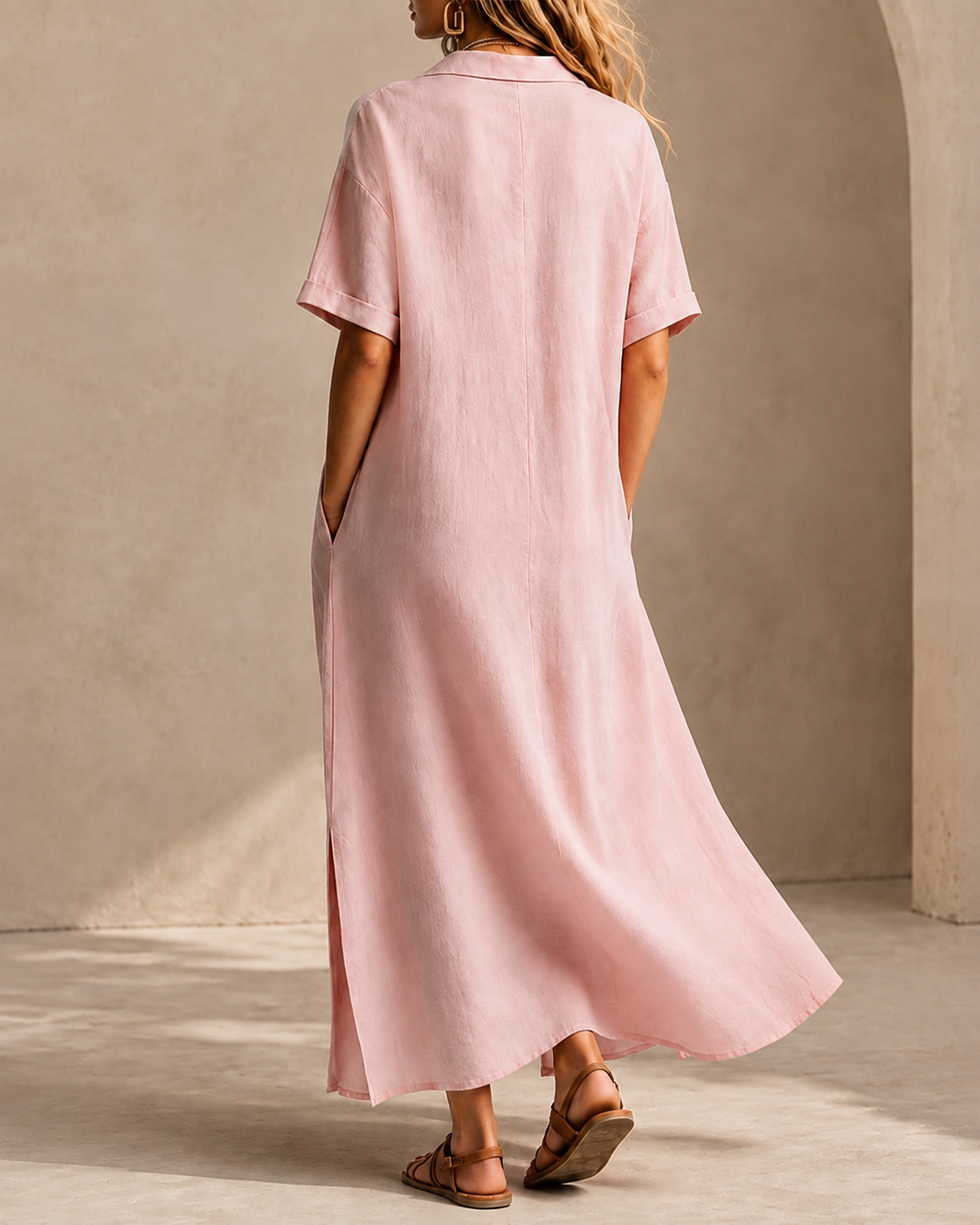Vestido largo holgado de algodón y lino con manga corta