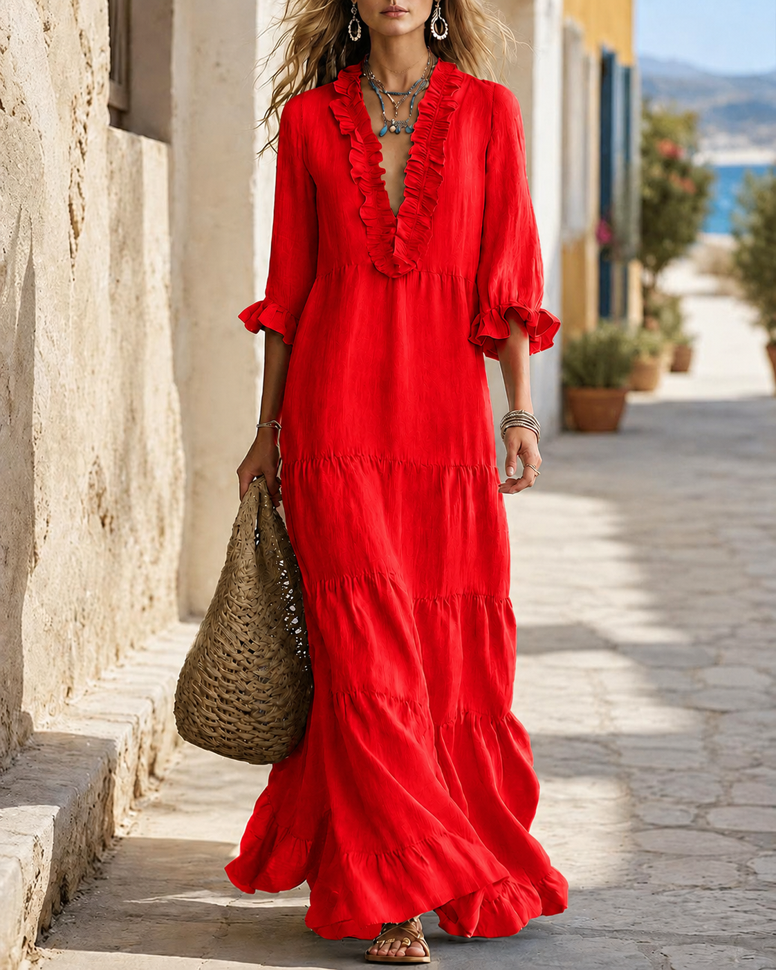 Vestido largo bohemio de cuello en V con bajo escalonado