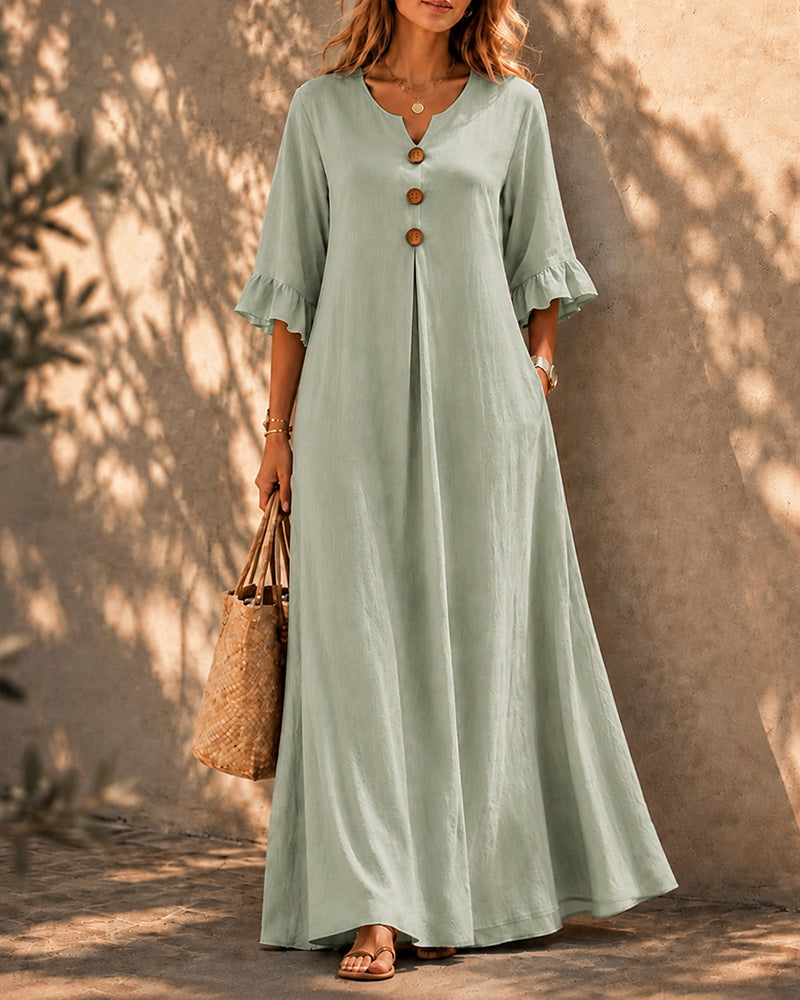Vestido largo holgado de algodón y lino con botones