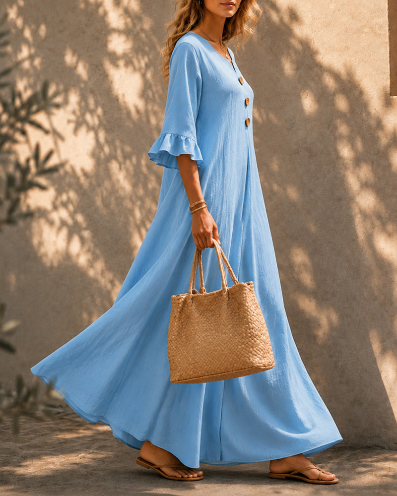 Vestido largo holgado de algodón y lino con botones