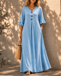 Vestido largo holgado de algodón y lino con botones