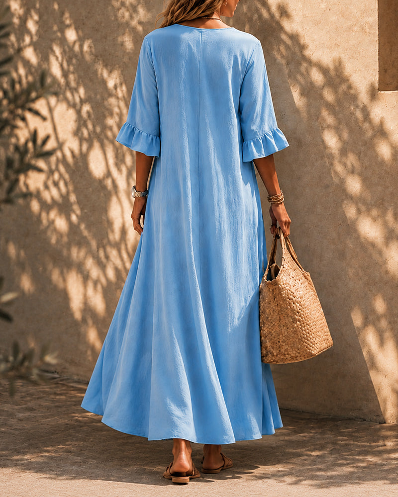 Vestido largo holgado de algodón y lino con botones