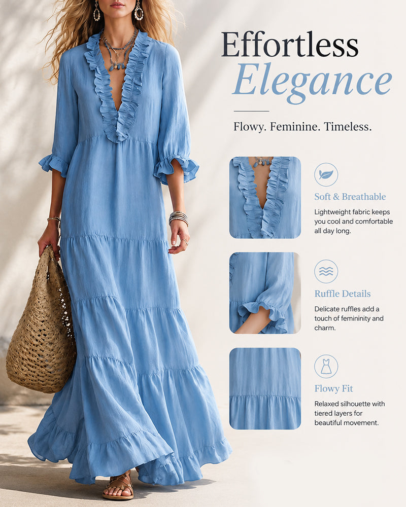 Vestido largo bohemio de cuello en V con bajo escalonado