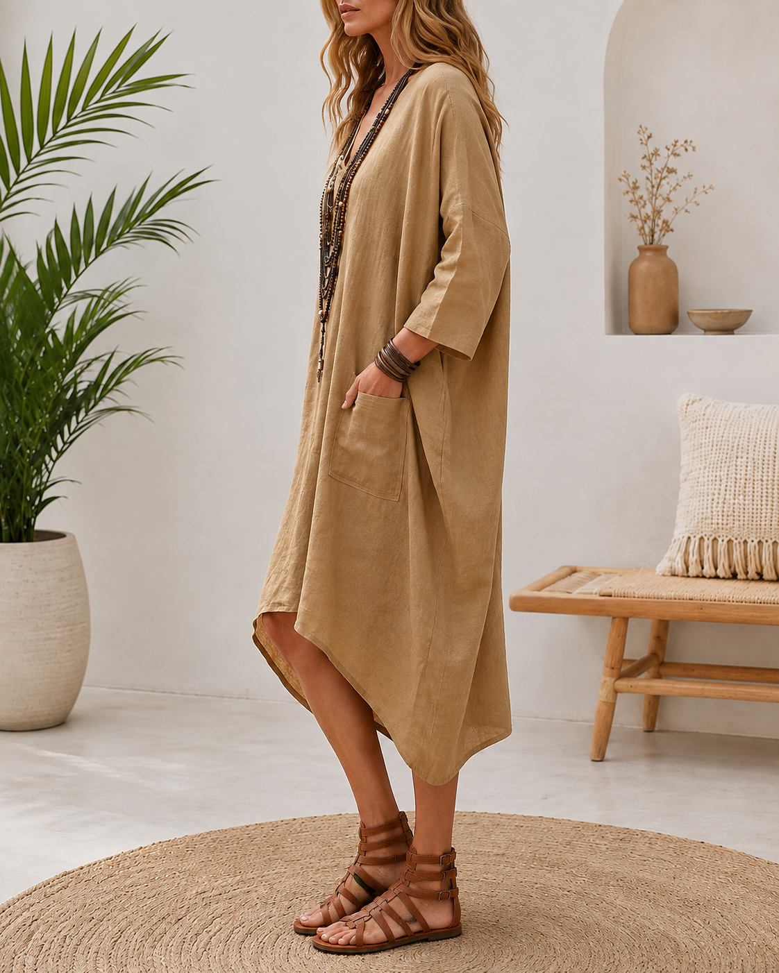 Vestido midi holgado de cuello en V con bajo asimétrico