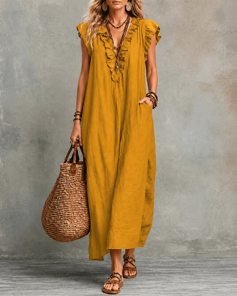 Vestido largo de algodón y lino con cuello en V