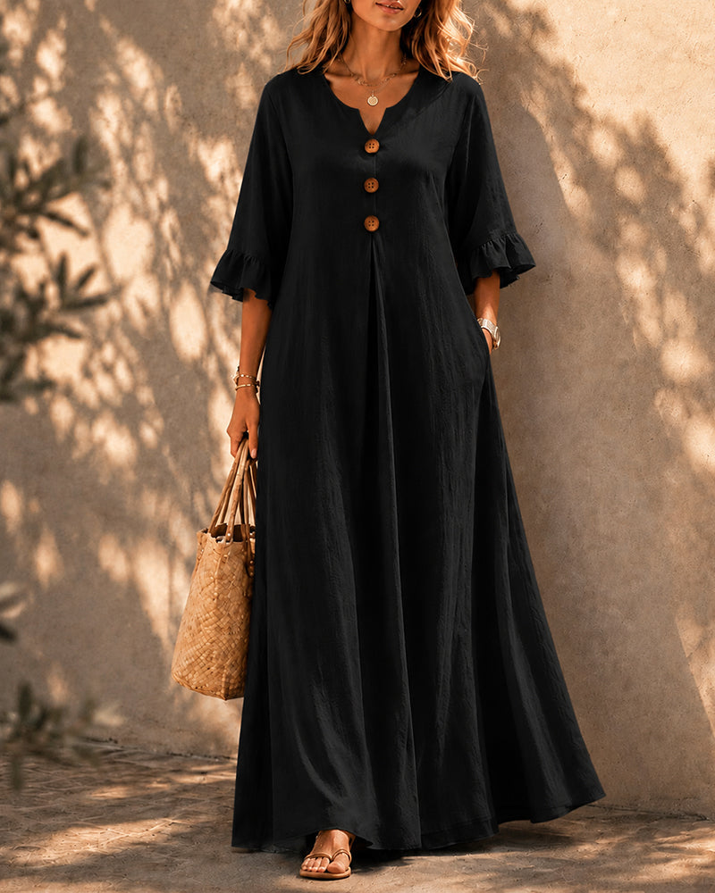 Vestido largo holgado de algodón y lino con botones