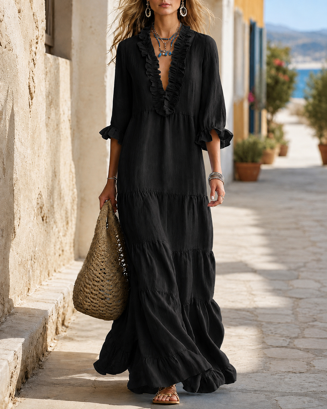 Vestido largo bohemio de cuello en V con bajo escalonado