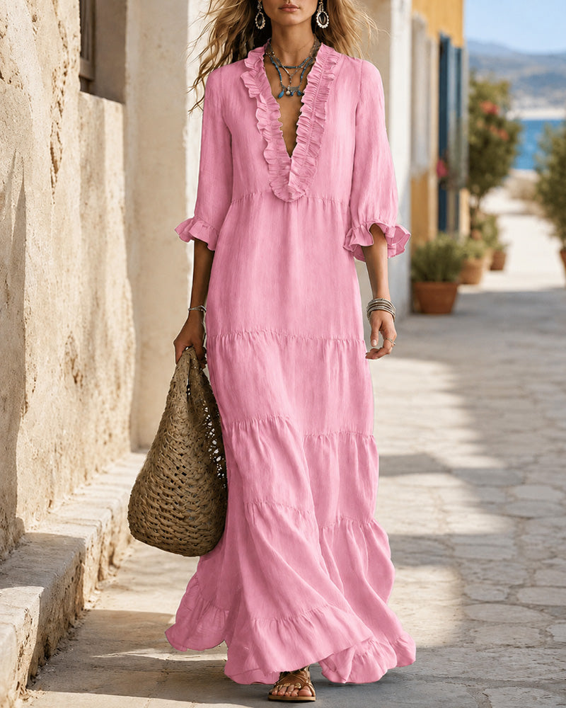 Vestido largo bohemio de cuello en V con bajo escalonado