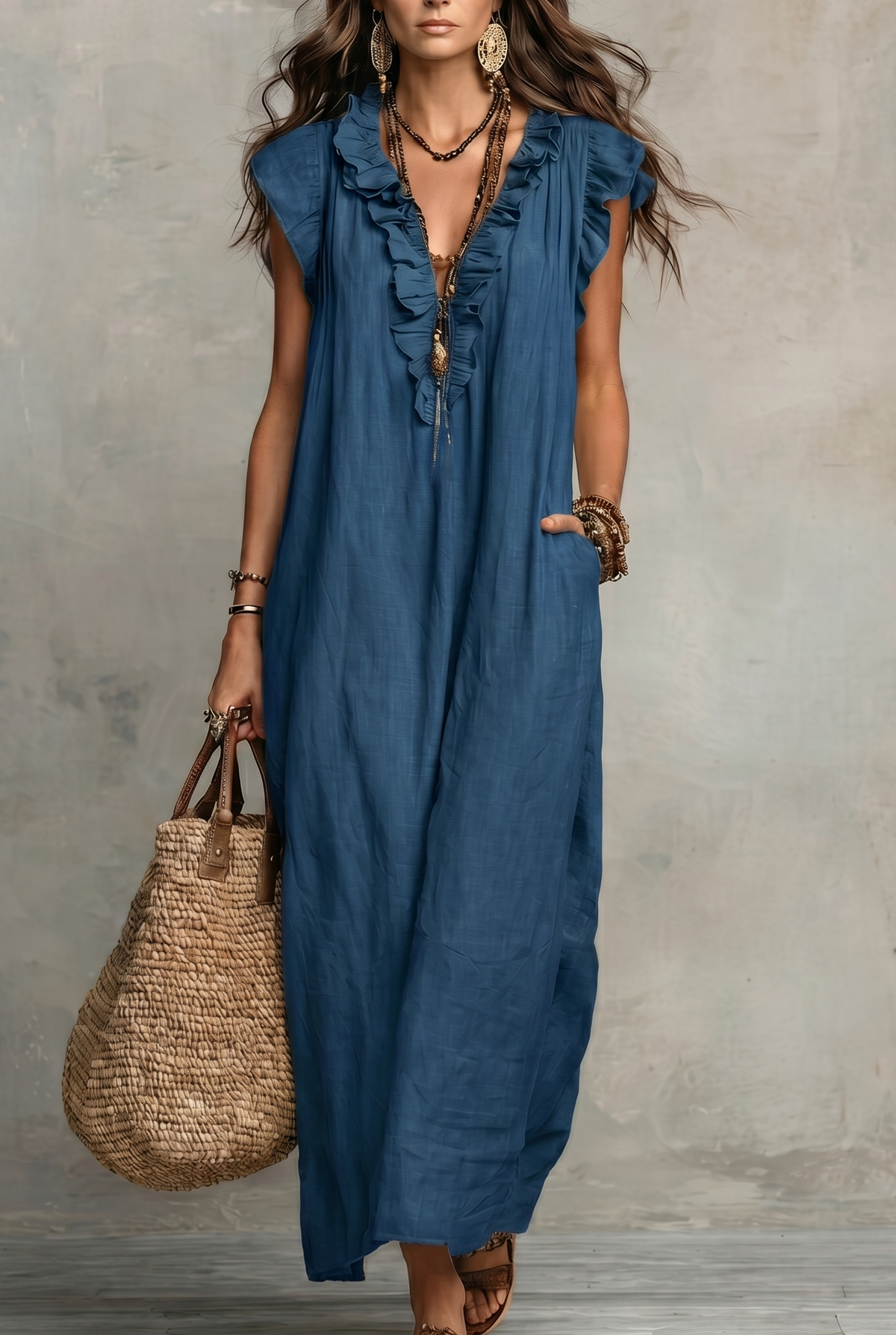 Vestido Natalie de lino con volantes y cuello en V