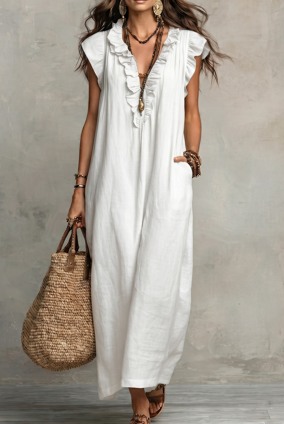 Vestido Natalie de lino con volantes y cuello en V