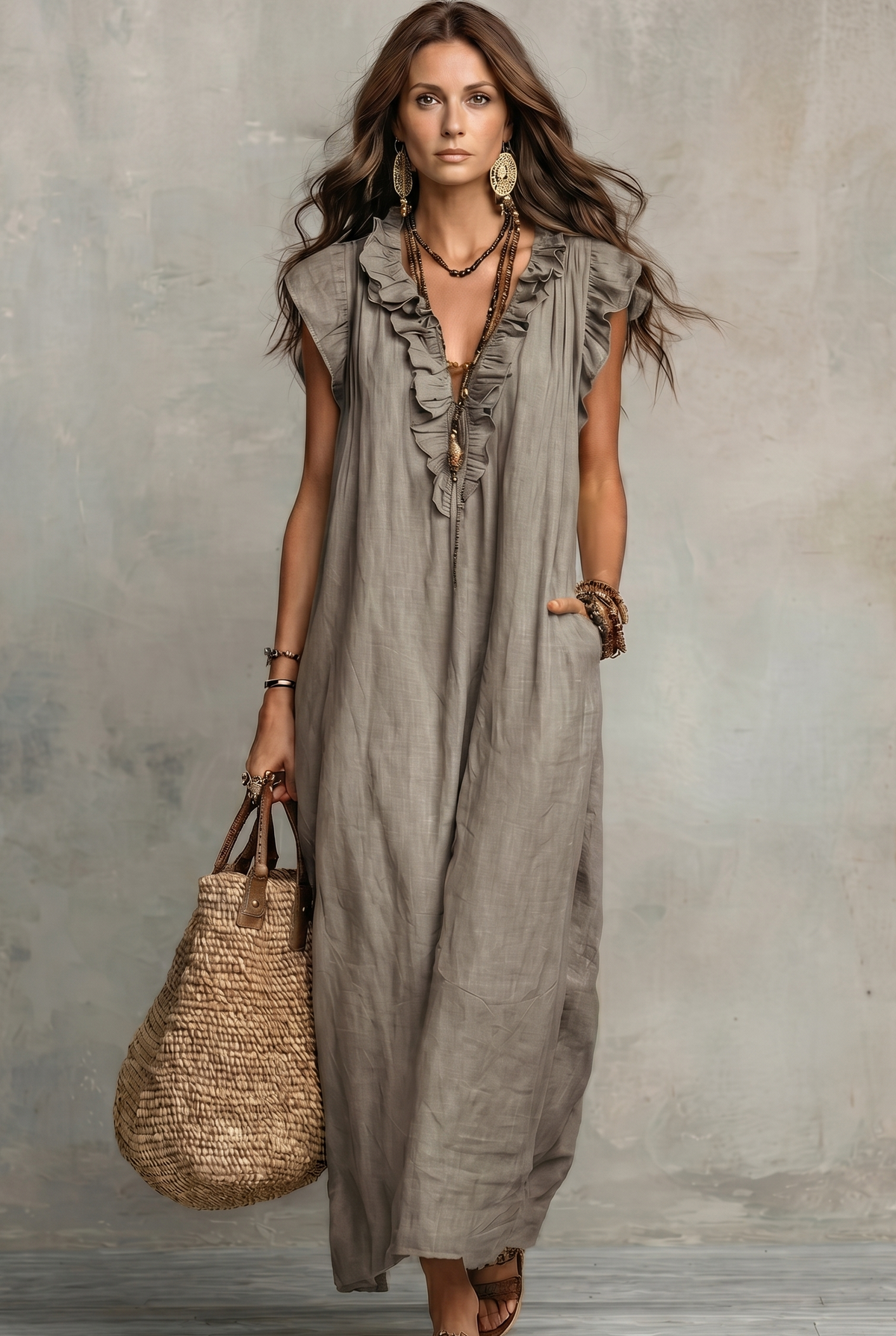 Vestido Natalie de lino con volantes y cuello en V