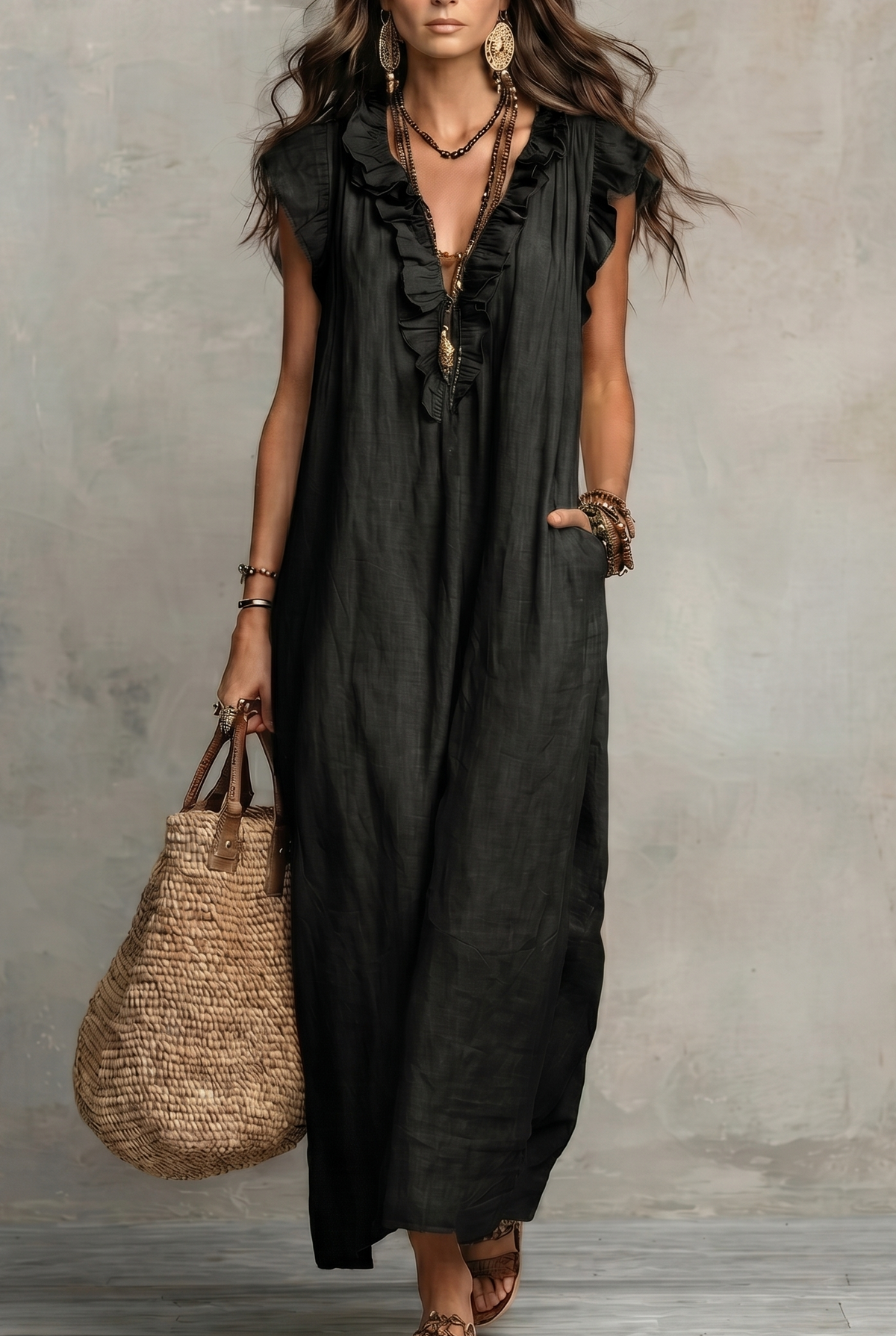 Vestido Natalie de lino con volantes y cuello en V