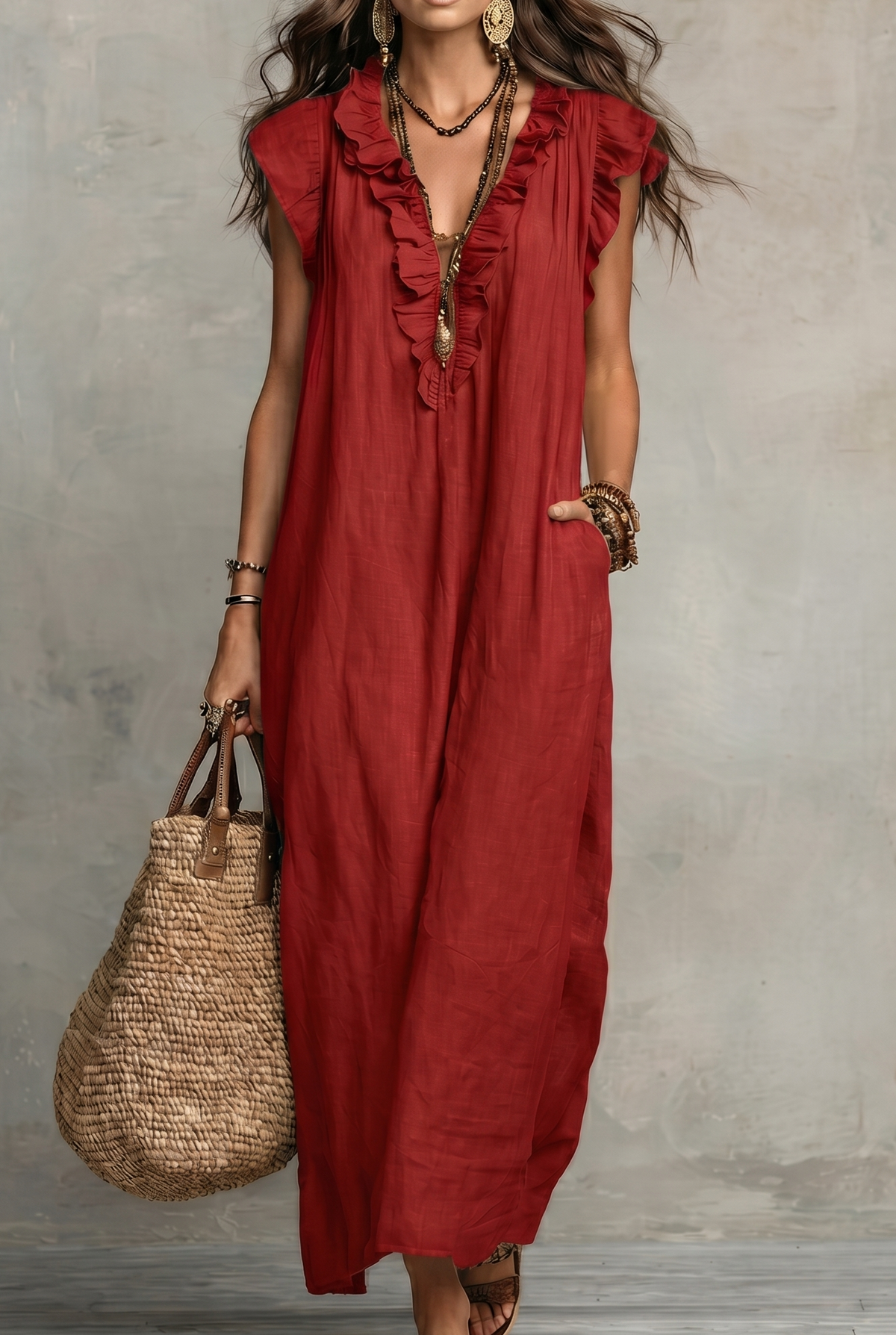 Vestido Natalie de lino con volantes y cuello en V
