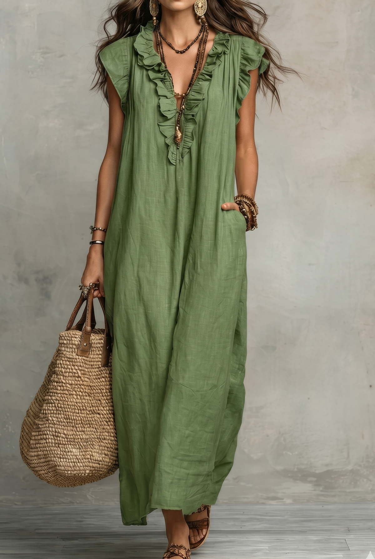 Vestido Natalie de lino con volantes y cuello en V
