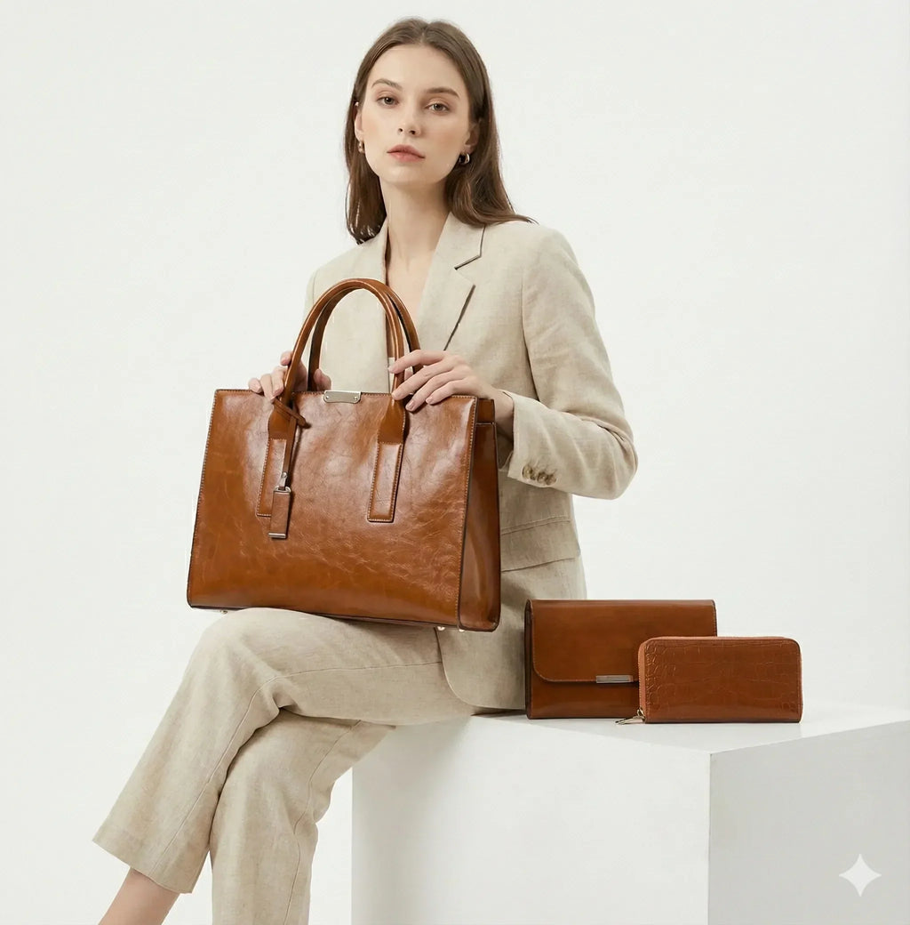 Set de bolso y 2 carteras de piel Zayna