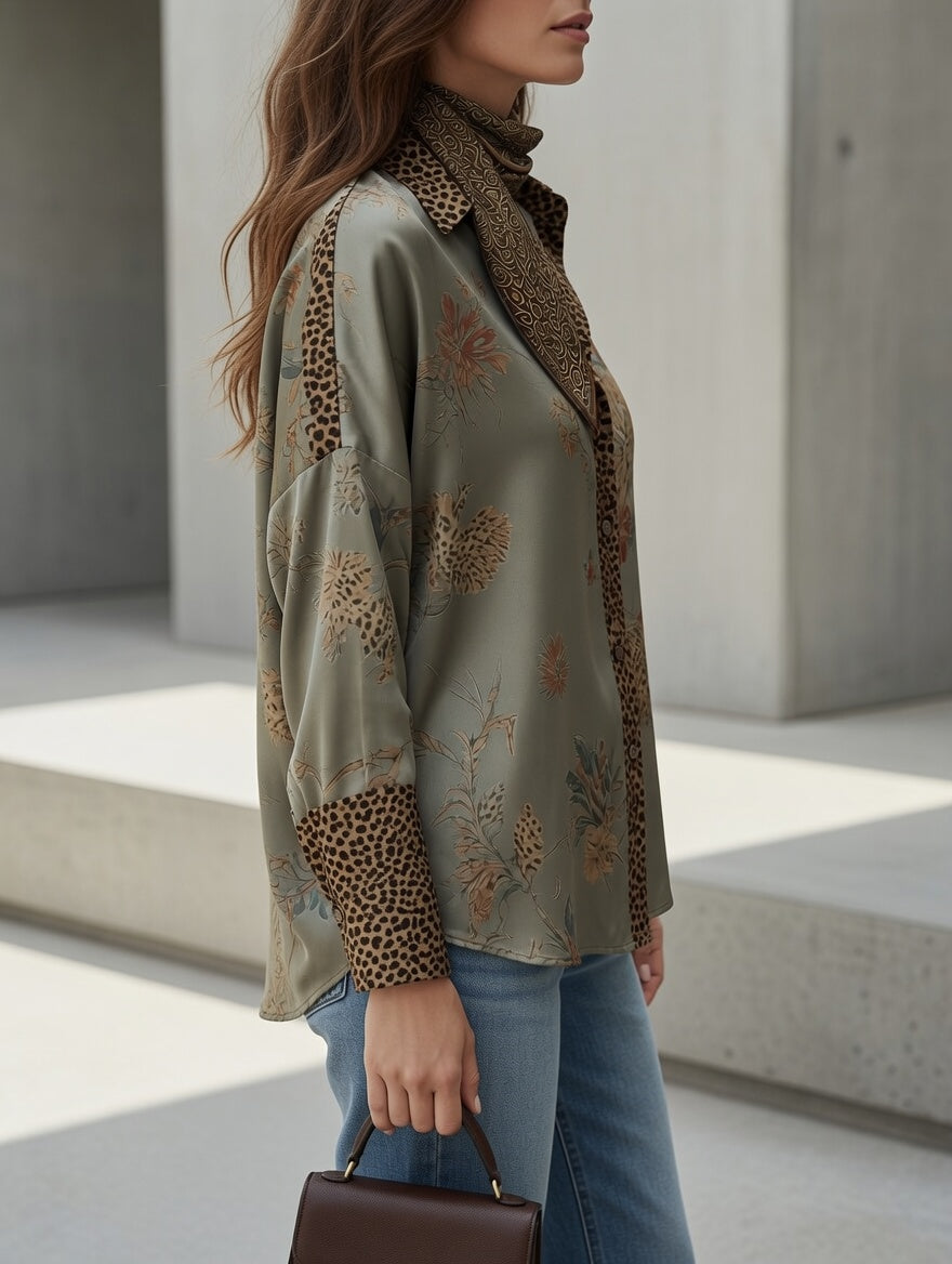 Blusa Tara verde salvia de leopardo y flores