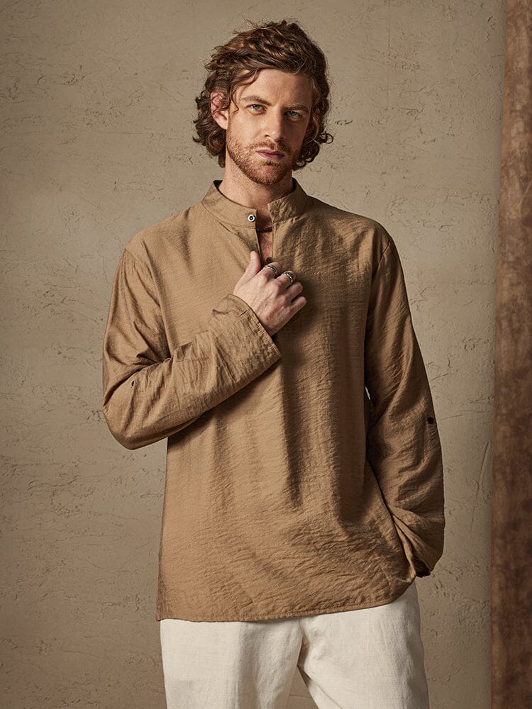 Camisa playera de lino tipo henley de manga larga