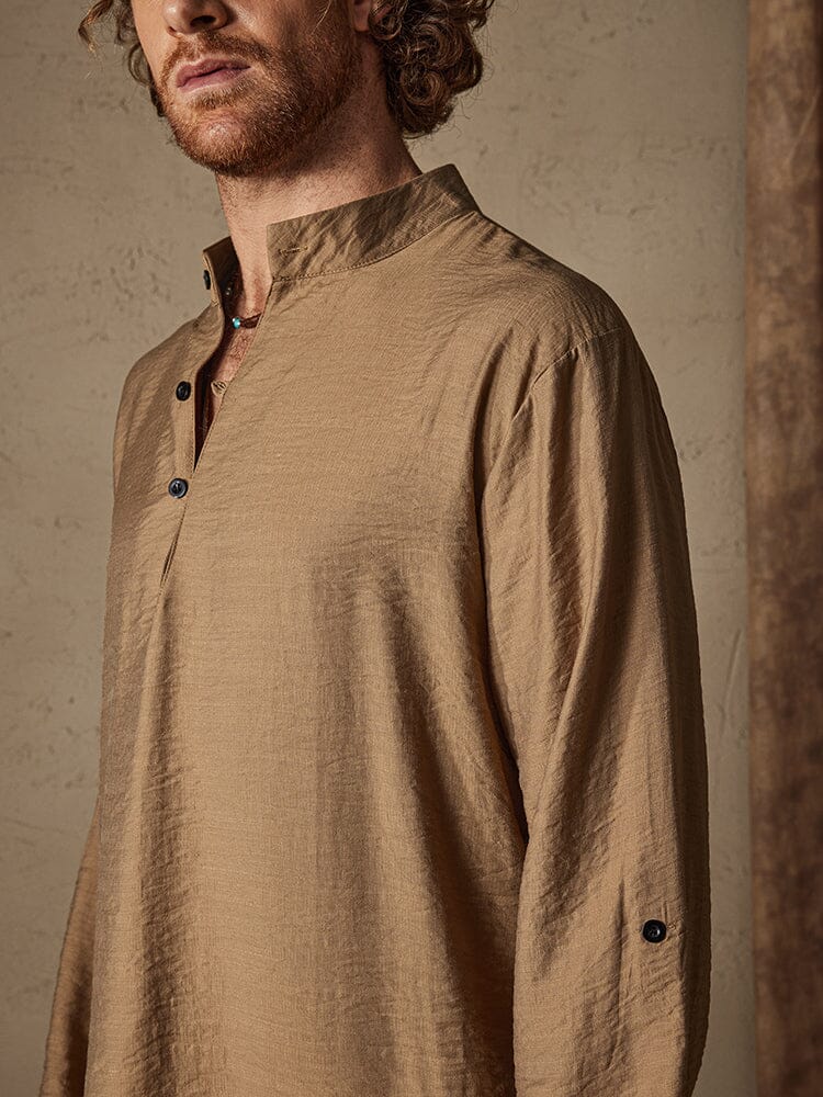Camisa playera de lino tipo henley de manga larga
