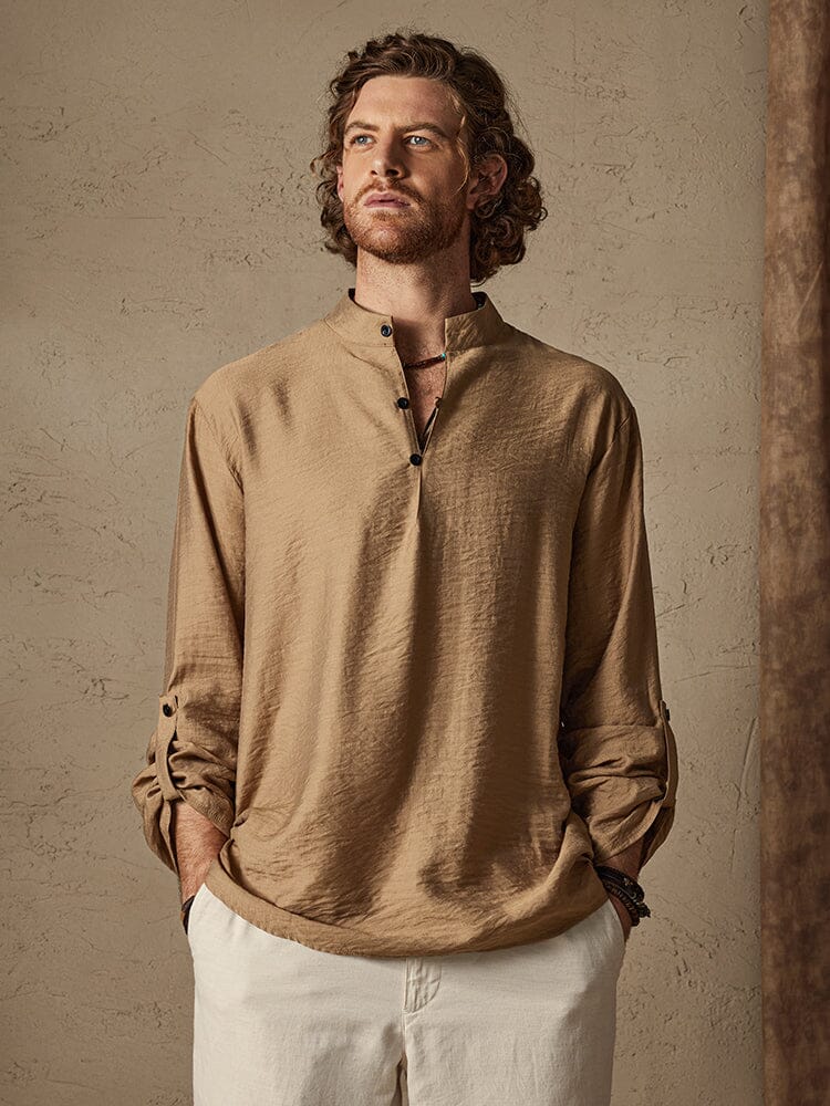 Camisa playera de lino tipo henley de manga larga