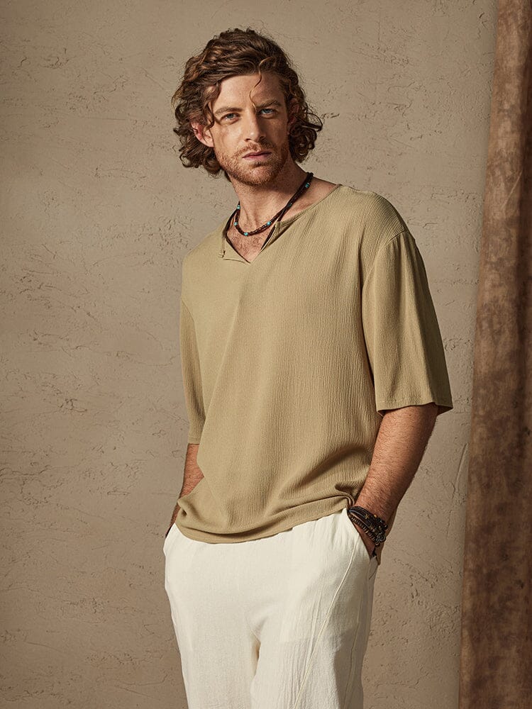 Camisa cómoda de algodón y lino en color liso