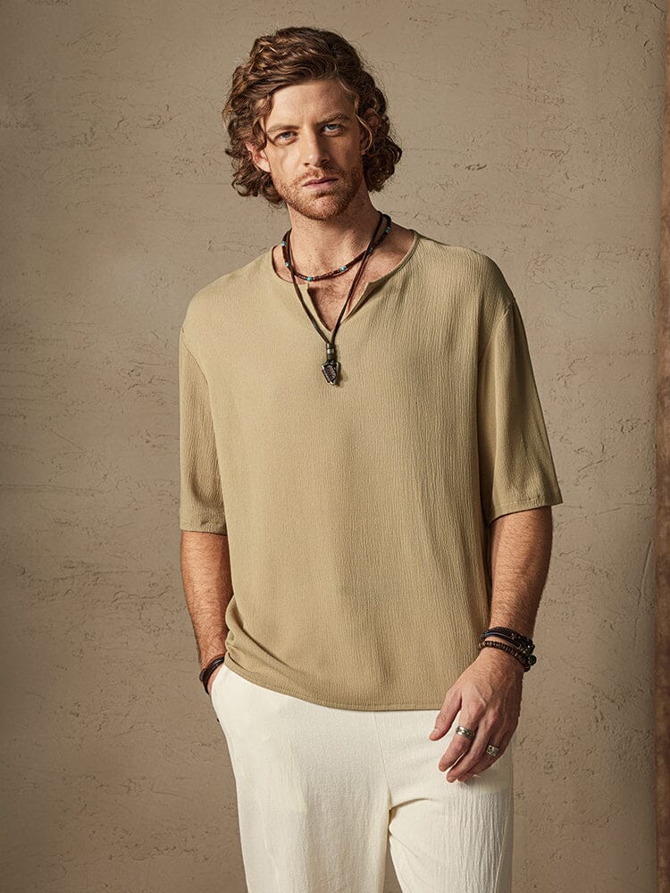Camisa cómoda de algodón y lino en color liso